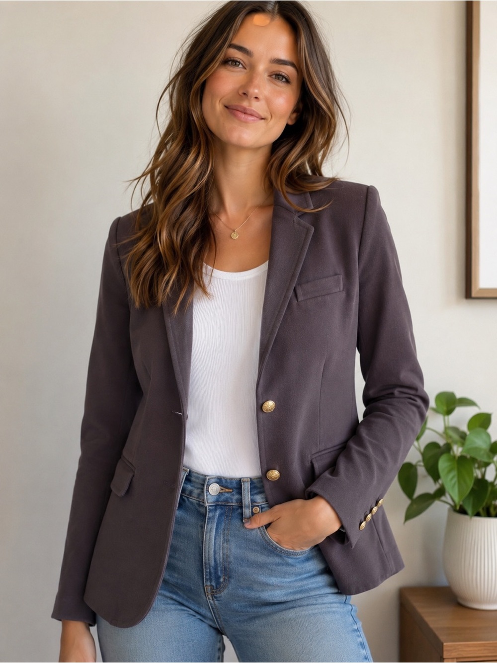 J. Crew Gray Notch Collar Blazer with Gold Buttons